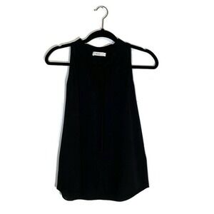 A.L.C. Silk Tank Top Sleeveless Tie Front Black Sz 0 Semi Sheer Mandarin Collar
